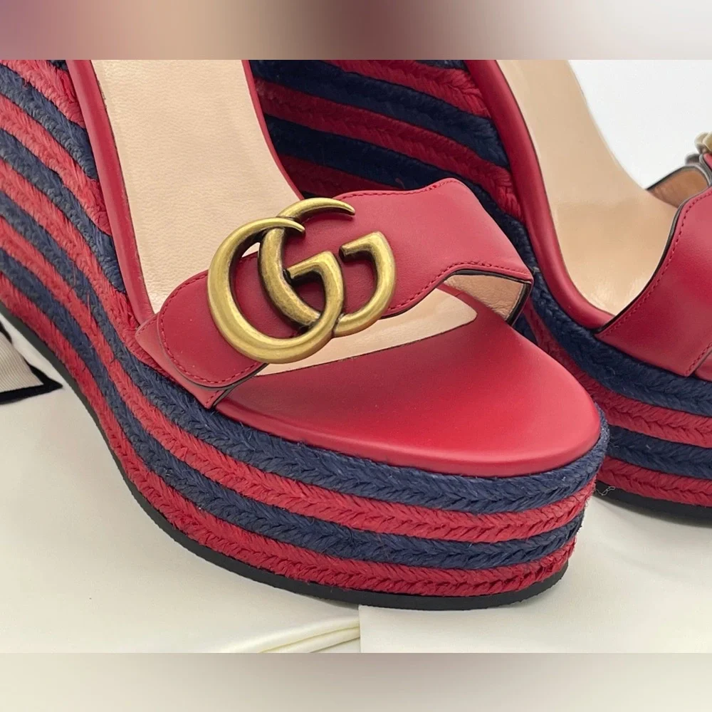 Authentic GUCCI Marmont Double G Leather Espadrille Platform Sandals